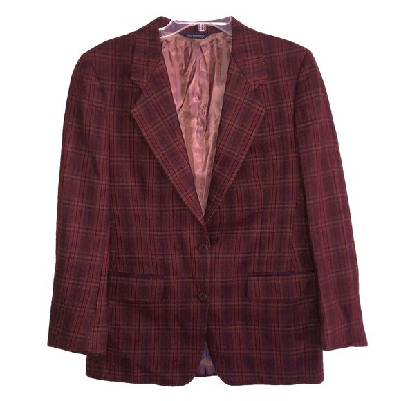 VTG Burberrys Scottish Lambswool Plaid Blazer Womens Sz 10 Burgundy 2 Button USA - Picture 2 of 15